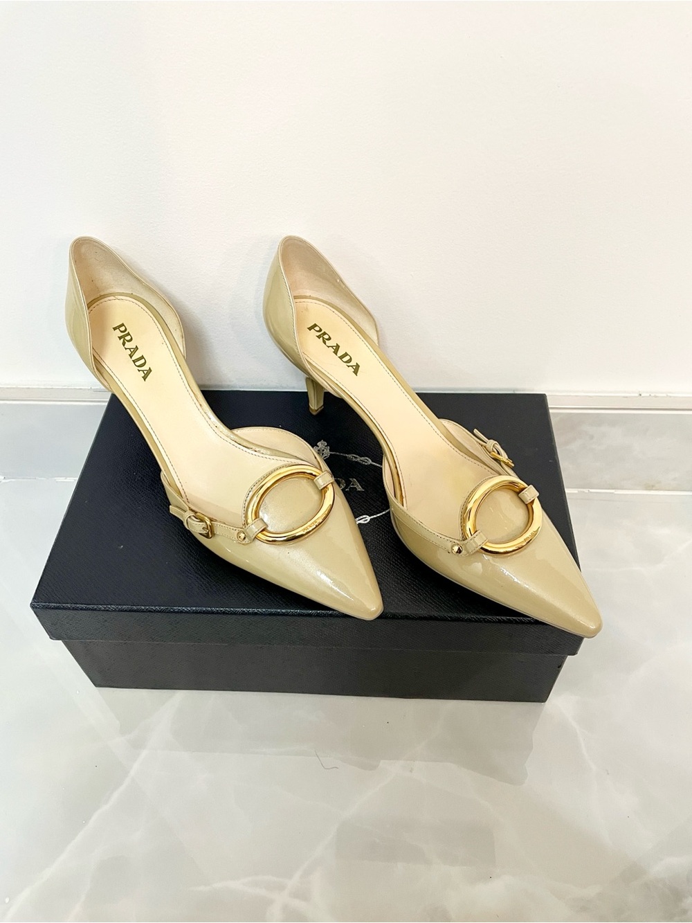 Prada Beige Patent Leather Pointed Toe Pumps with Gold Ring - Picture 4 of 5